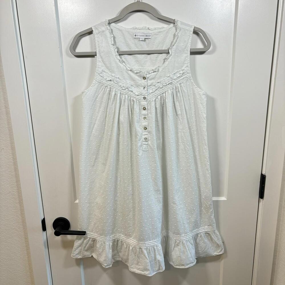 Eileen West White Sleeveless Cotton Nightgown with Ruffle Hem
